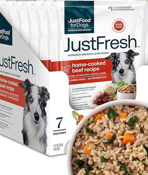 JustFoodForDogs JustFresh Home-Cooked Beef Dog Food with No Preservatives, Resealable Package, Human Grade Wet Dog Food, 12 oz - 7 Pack