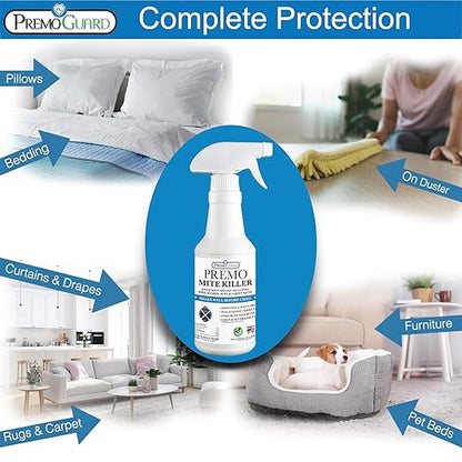 Premo Guard Mite Treatment Spray – 32 oz – Kills Dust, Human Itch, Spider, Carpet, Bird, Mouse & Rat Mites in Home, on Furniture, Bedding – Natural Non-Toxic 100% Effective – Child & Pet Safe