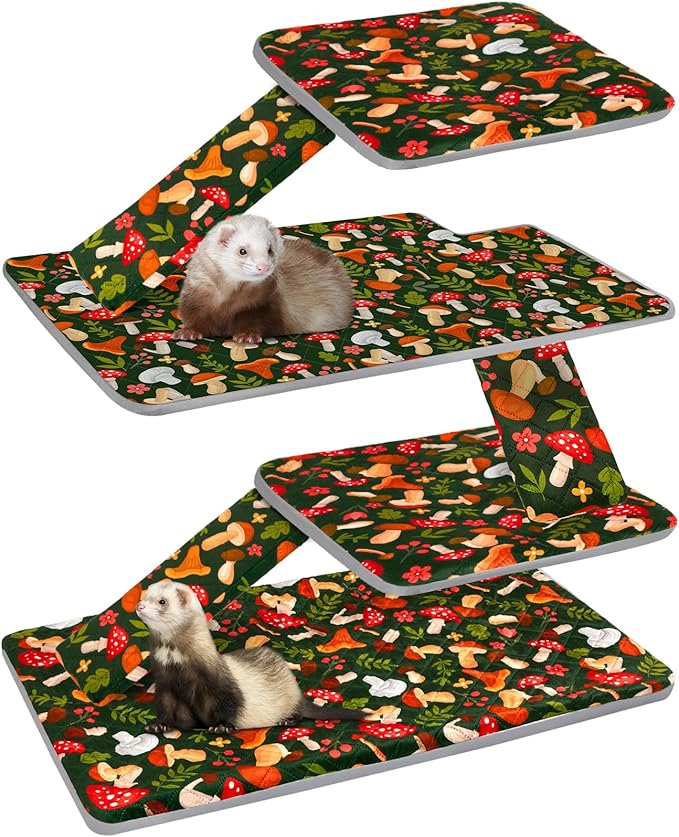 Bienbee Ferret Cage Liner Set for Ferret Nation & Critter Nation Cage, Waterproof Ferrets Cage Accessories for Small Animals Rats Chinchillas Hedgehogs Ferrets(Green Mushroom, Double Unit Combo)