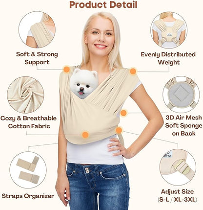 Dog Carriers for Small Dogs, Front Facing Dog Sling Carrier, Hands Free Cat Carrier, Size Adjustable, Reducing Back Pain, Premium Cotton, Safe and Soft Dog Carrier (Regular, Beige)
