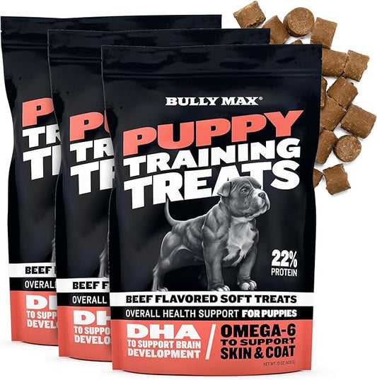 Bully Max Puppy Training Treats - Soft Chews Dog Food Supplements & Vitamins for Brain, Skin & Coat Health - Glucosamine & Chondroitin for Joint Support – Multivitamin Food Topper for Puppies - 3 Bags