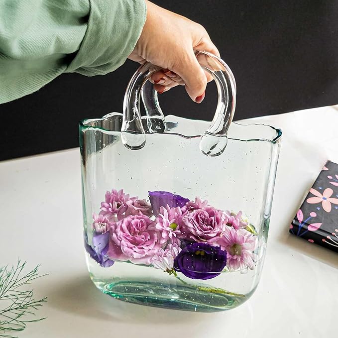 OLEEK Purse Vase for Flowers (Handmade) - 10 Inches Clear Glass Purse Vase - Cool & Cute vases for centerpieces, Fish Bowl - Unique Glass Handbag Flower vase Decorative - Wide Mouth Glass Purse