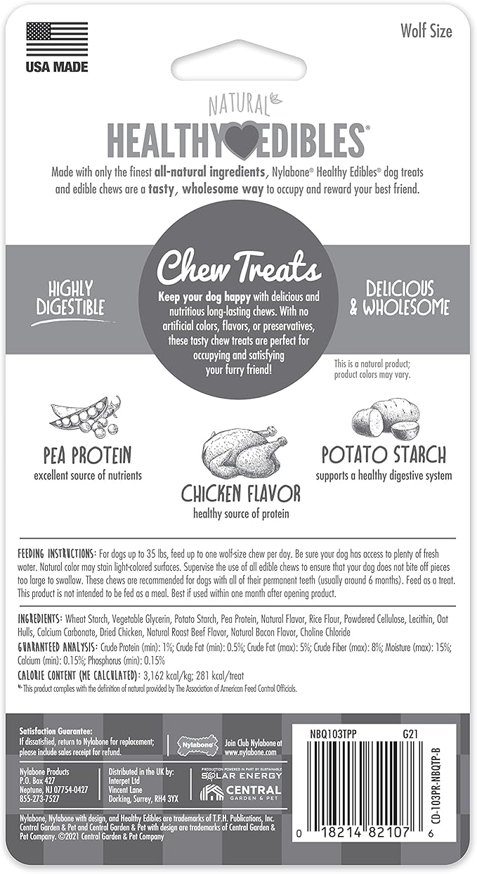 Nylabone Healthy Edibles Natural Dog Chews Long Lasting Chicken Flavor Treats for Dogs, Medium/Wolf (2 Count)