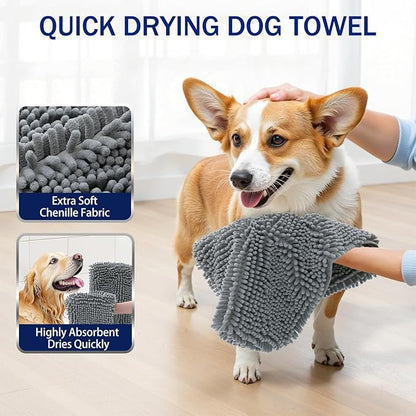 OLANLY Chenille Dog Bath Towel 38x15, Ultra Absorbent Quick Dry Pet Towel, Extra Soft Washable Plush Towel for Large Dogs & Puppies, Indoor Outdoor Use, Grey