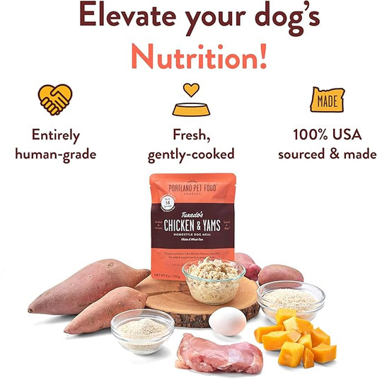 Portland Pet Food Company Tuxedo’s Chicken & Yams Fresh Dog Food Pouches - Human-Grade, Gluten-Free Wet Pet Meal Topper & Mix-Ins - Small & Large Breed Puppy & Senior Dogs - Made in The USA - 5 Pack