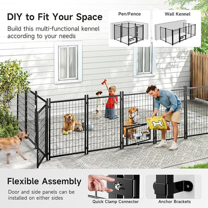 Outdoor Dog Kennel with Roof, Weatherproof Dog Kennel Outside with Swivel Feeders & Removable Doggy Door, Backyard Dog Run Playpen Pet Enclosures for Medium to Large Dogs (5'L x 5'W x 5'H)