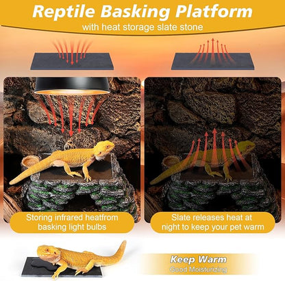 3 in 1 Large Bearded Dragon Basking Platform 13.4x7.1x5.3 in Scape Step Ledge Cave Hideout Natural Rock Reptile Food Bowl Reptile Tank Accessories for Lizard, Geckos, Ball Pythons, Tortoise