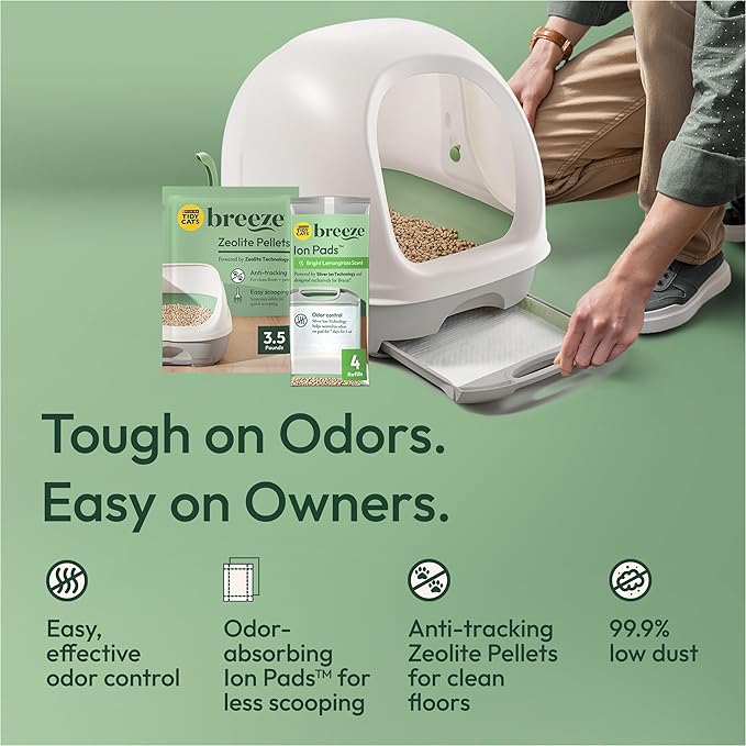 Purina Tidy Cats Hooded Litter Box System, BREEZE Hooded System Starter Kit Litter Box, Litter Pellets & Pads