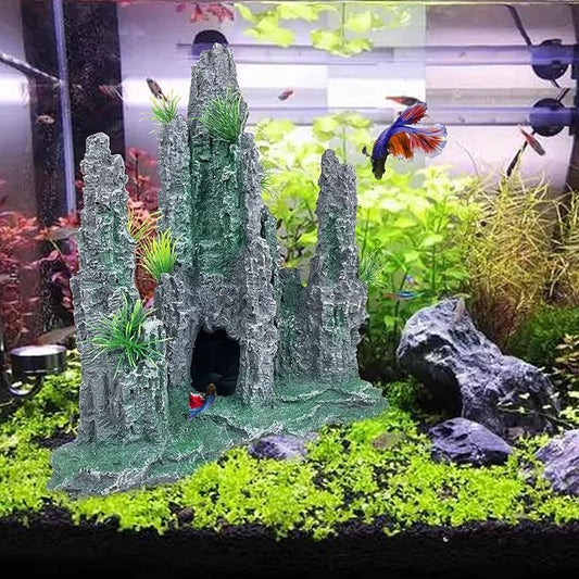 Aquarium Decoration Large and Tall for Fish Tank Rock Thematic Ornaments Aquarium Mountain View Stone Ornaments Aquarium Decor Tree House Cave Fish Tank Decoration - Large