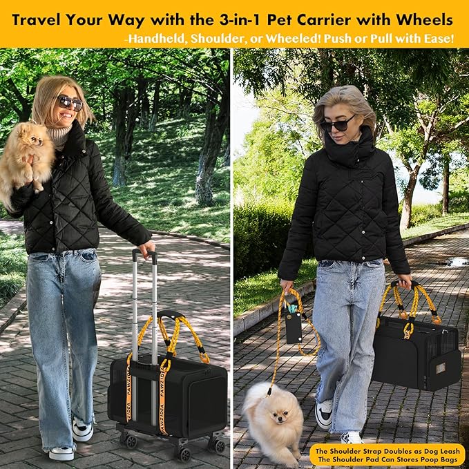 PAWZIDEA Expandable Pet Carrier with Wheels, 18"x11"x11" TSA Airline Approved Cat Carrier for 2 Cats Under Seat, Soft-Sided Dog Carrier for Small Dogs Rolling Travel Bag w/Telescopic Handle, ID Card