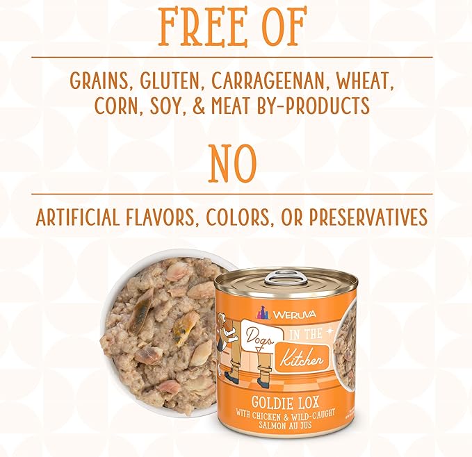 Weruva Dogs in The Kitchen, Goldie Lox with Chicken & Wild-Caught Salmon Au Jus Dog Food, 10oz Can (Pack of 12)