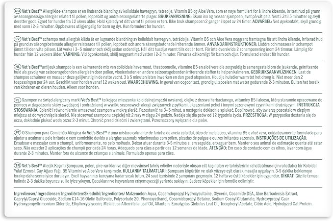 Vet's Best Allergy Relief Dog Shampoo – Oatmeal and Aloe Formula for Itchy Skin and Seasonal Allergies – Soothing Anti-Itch Shampoo for Dogs with Dry, Sensitive Skin – 16 oz