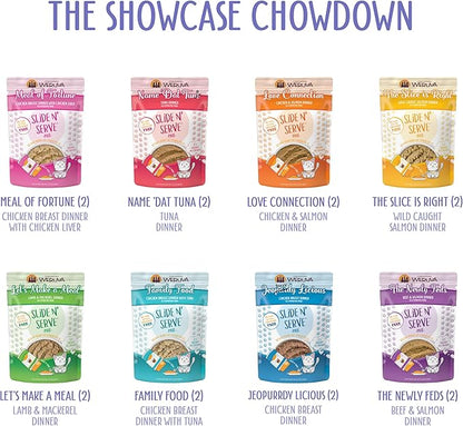 Weruva Slide N' Serve Paté Wet Cat Food, The Showcase Chowdown Variety Pack, 2.8oz Pouch, Pack of 16