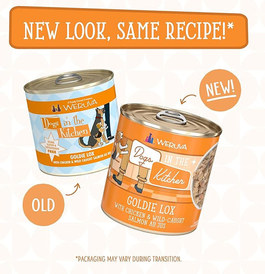 Weruva Dogs in The Kitchen, Goldie Lox with Chicken & Wild-Caught Salmon Au Jus Dog Food, 10oz Can (Pack of 12)