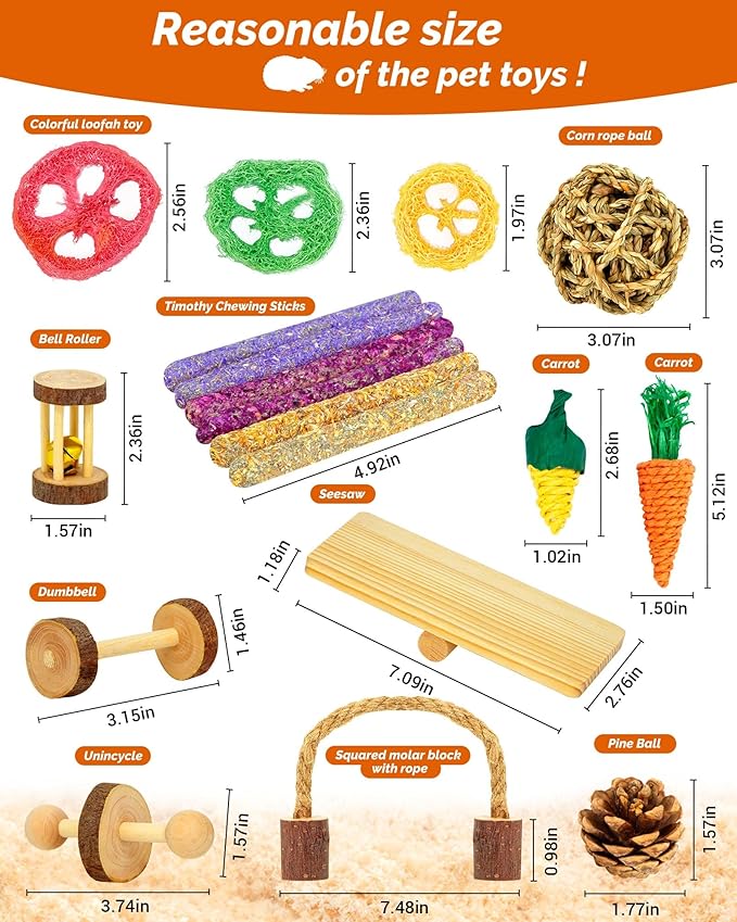 Hamster & Guinea Pig Toys - 18 Pcs Wooden Small Animal Chew Toys for Teeth - Rabbit, Chinchilla, Gerbils, Rats Exercise Accessories