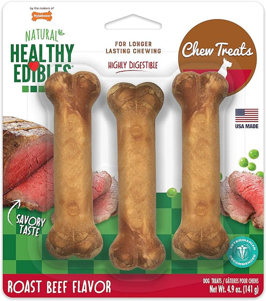 Nylabone Healthy Edibles Natural Dog Chews Long Lasting Roast Beef Flavor Treats for Dogs, Small/Regular (3 Count)