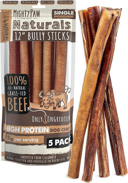 Mighty Paw Naturals Bully Sticks for Dogs - Grass Fed Beef Chews. Dog Bully Sticks for Large Pets, Medium and Small Breeds. Lower Odor Treats for Small Pets. Single Ingredient (12" - 5 Pack)