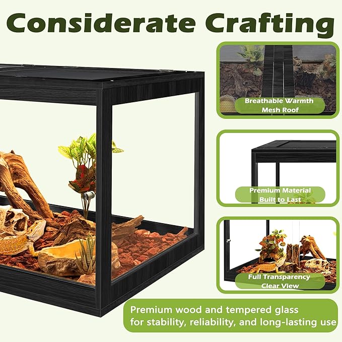 Prolee Reptile Terrarium Tank Up to 78 Gallon, Lizard Tank Bearded Dragon Tank with Metal Mesh Roof Door, Snake Tank with Lock Design (Black, 81 Gallon Volume, 48 Inch Length)