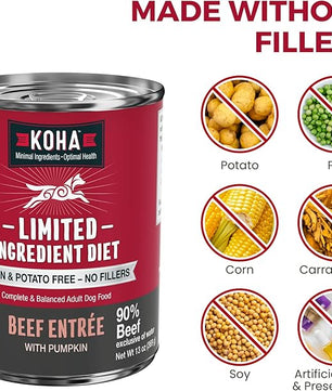KOHA Limited Ingredient Diet Beef Entrée for Dogs - Grain Free Wet Dog Food with No Fillers - Sensitive Stomach Beef Dog Food 13 oz Pack of 12