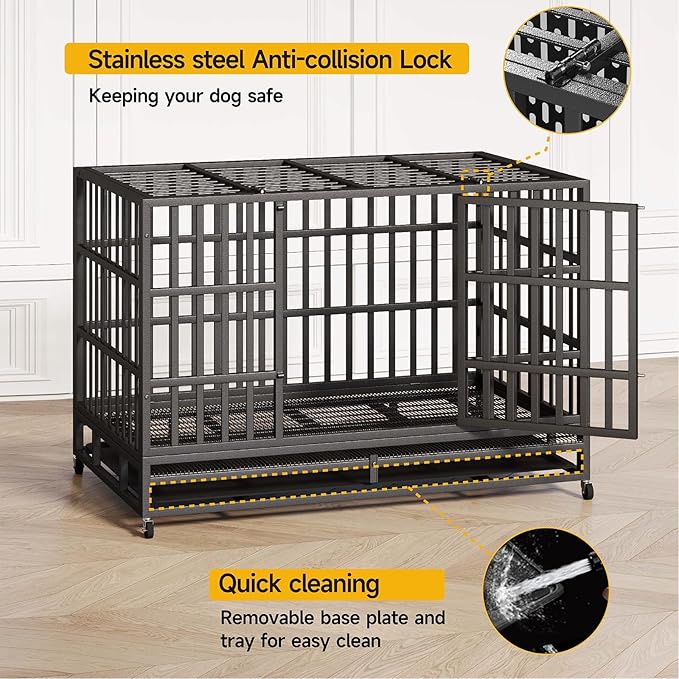 48/42/38 Inch Heavy Duty Indestructible XL Dog Crate Steel Escape Proof, Indoor Double Door High Anxiety Cage, Removable Tray, Kennel with Wheels, Extra Large XXL