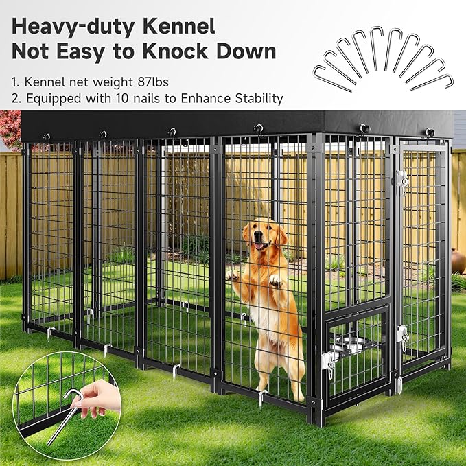 Outdoor Dog Kennel with Roof, Weatherproof Large Dog Kennel Outside with Swivel Feeders & Removable Doggy Door, Heavy Duty Dog Run Pet Enclosures for Medium to Large Dogs (8'L x 4'W x 6'H)