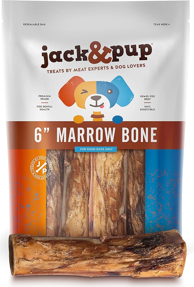 Jack&Pup Marrow Bones for Dogs, Long Lasting Dog Bones for Large Dogs, 6" Marrow Bone, Natural Beef Bone (6 Pack)