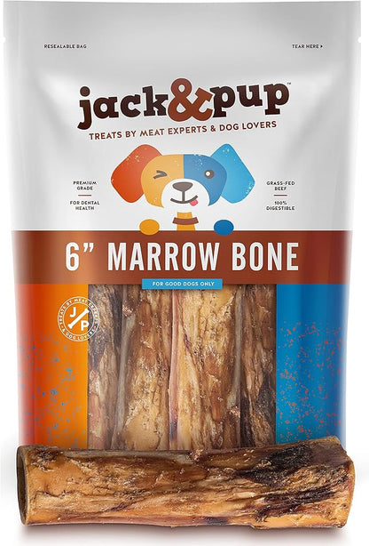 Jack&Pup Marrow Bones for Dogs, Long Lasting Dog Bones for Large Dogs, 6" Marrow Bone, Natural Beef Bone (6 Pack)