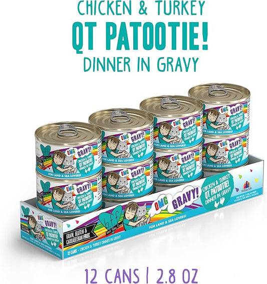 Weruva B.F.F. OMG - Best Feline Friend Oh My Gravy! Grain-Free Wet Cat Food Cans, QT Patootie! Chicken & Turkey, 2.8 oz Can (Pack of 12)