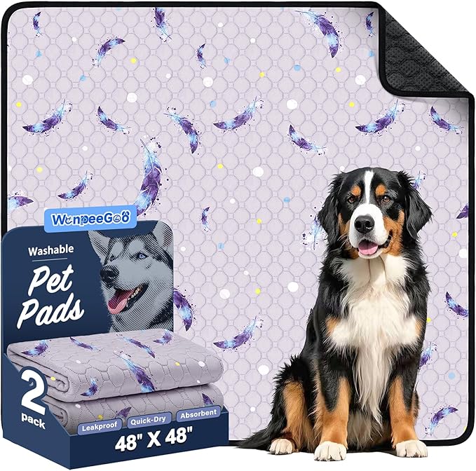 Washable Pee Pads for Dogs, 2Pack Reusable Puppy Pads, Super Absorbent & Leakproof Dog Pads, Anti-Slip Dog Pee Pads for Puppy Training & Incontinence, Feather Pattern 48"x48"