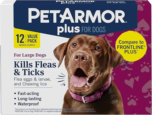 PetArmor Plus Flea and Tick Prevention for Dogs, Large Dog Flea and Tick Treatment, 12 Doses, Waterproof Topical, Fast Acting (45-88 lbs)