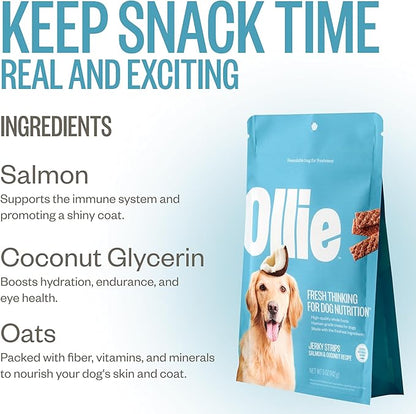 Ollie Salmon and Coconut Jerky Dog Treats, All Natural, Healthy Snacks, Made with Real Meat 5 Oz. Human Grade, Pack of 1, for Dogs