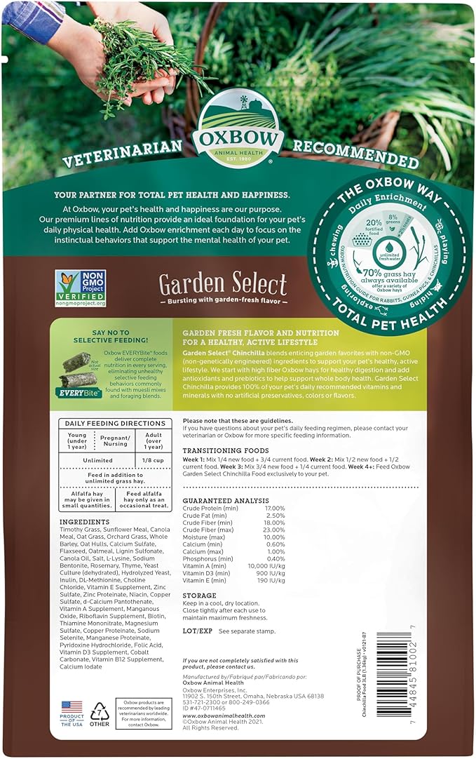 Oxbow Animal Health Garden Select Chinchilla Food, Garden-Inspired Recipe for Chinchillas of All Ages, Vitamin & Mineral Rich Pet Food Pellets, Non-GMO, Made in USA Hay, 3 Pound Bag