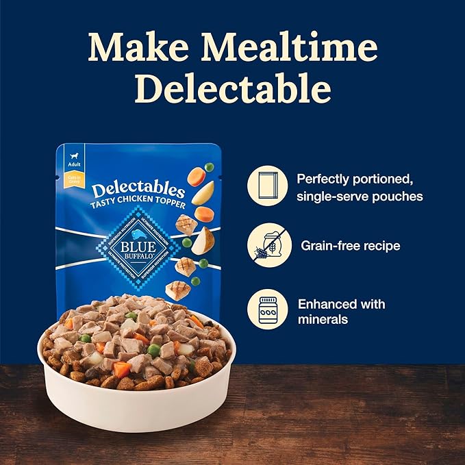 Blue Buffalo Delectables Natural Wet Dog Food Toppers, Tasty Chicken Cuts in Gravy, 3-oz. (24 Pouches)