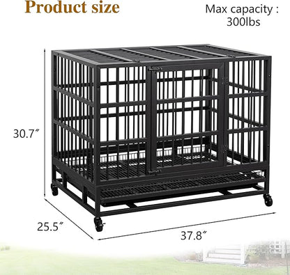 JY QAQA 38 Inch Heavy Duty Indestructible Dog Crate Double Doors Escape Proof Cage Kennel,Enhanced Metal Pet Cage,Extra Large XL XXL Crate Indoor for Large Dog with Removable Tray and Lockable Wheels