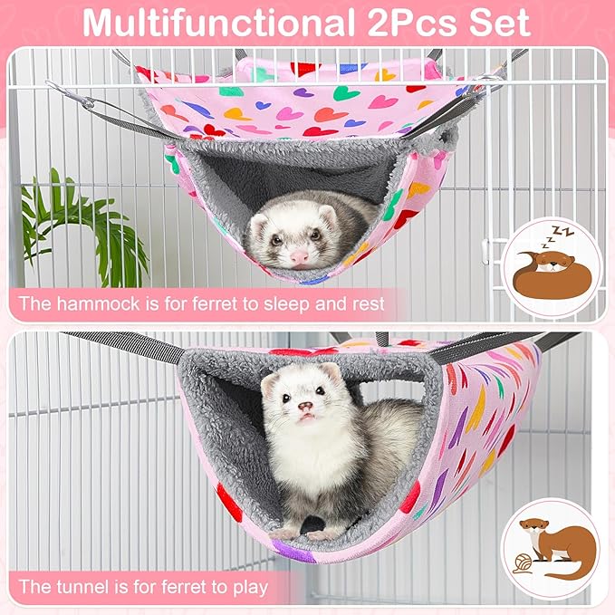 Bienbee 2 Pcs Ferret Rat Hammock Set for Cage Washable Guinea Pig Hideout Bed Soft Small Animal Hammock Tunnel Toys Ferret Cage Accessories for Hedgehog Sugar Glider Squirrel Hamster, Pink Hearts