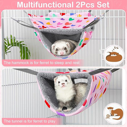 Bienbee 2 Pcs Ferret Rat Hammock Set for Cage Washable Guinea Pig Hideout Bed Soft Small Animal Hammock Tunnel Toys Ferret Cage Accessories for Hedgehog Sugar Glider Squirrel Hamster, Pink Hearts