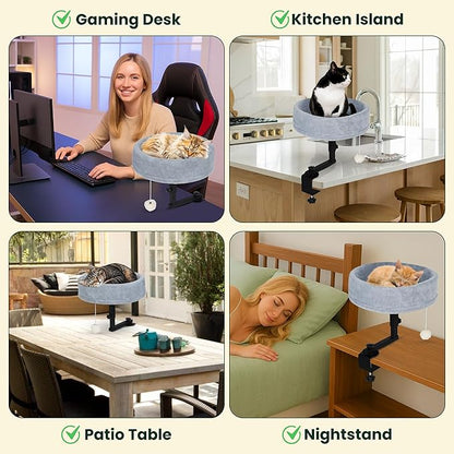 Zayana Cat Desk Bed Attachment - 360° Rotating & Adjustable Height Cat Bed Desk Mount with Soft Faux Fur Washable Cover, Space Saver Hammock for Home Office & Gaming Table, Supports Up to 45 lb, Grey