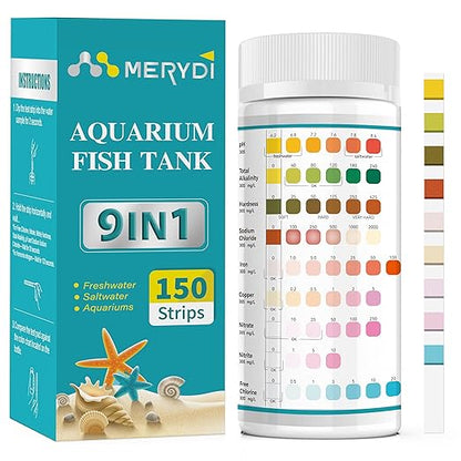 9-Way Aquarium Test Strips, Aquarium Test Kit for Fish Tanks & Ponds, 150 ct Quick & Accurate Water Testing Iron Copper Sodium Chlorine Nitrate Nitrite Total Alkalinity Hardness Free Chlorine pH