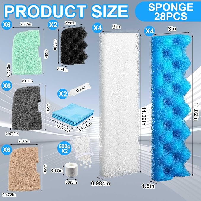 32 Pcs Filter Media Compatible with 406/407 Filters, Aquarium Replacement Maintenance Kit Including Biological Sponge, Ammonia/Phosphate/Nitrite Remover Pad, Aquarium Towel, Grease