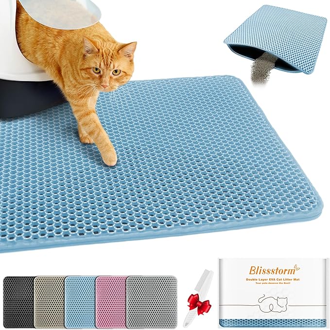 Waterproof Cat Litter Mat, Double Layer EVA, Odor-Free Large Grid, Urine Proof, Easy Cleanup 22 x 30, Blue