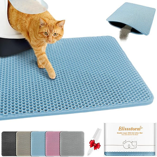 Waterproof Cat Litter Mat, Double Layer EVA, Odor-Free Large Grid, Urine Proof, Easy Cleanup (Blue, 18 x 24)