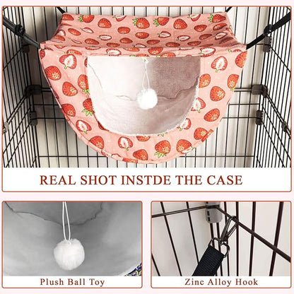 JSPYFITS Cat Cage Hammock with Ball,Double Layer Hanging Adjustable Soft Pet Bed Suit for Kitten Ferret Puppy Rabbit or Small Pet, 2 Level Indoor Bed for All Season(Pink Strawberries)
