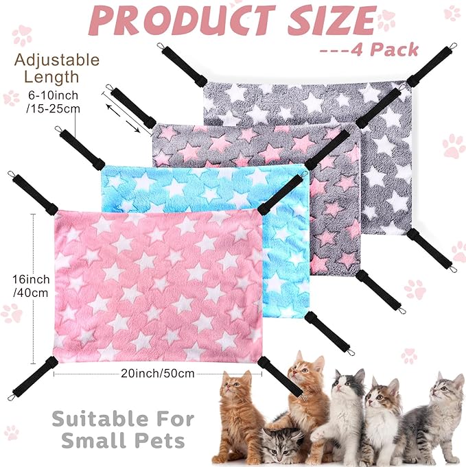 Geelin 4 Pcs Cat Hammock for Cage Hanging Soft Pet Hammock Bed with Adjustable Straps and Metal Hooks Double Sided Bed for Large & Small Cats Ferret Rat Sugar Glider Puppy(Large Star,16 x 20 Inch)