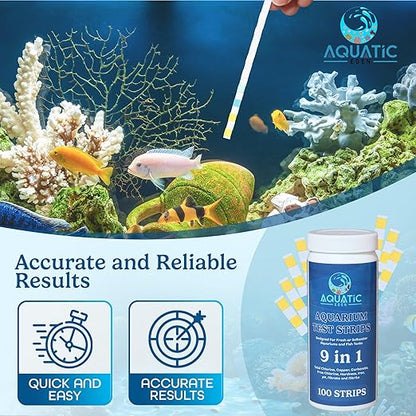 9-in-1 Aquarium Water Test Kit - 100 Freshwater & Saltwater Test Strips | Fish Tank Kit for pH, Nitrate, Nitrite, Hardness, Chlorine, Iron, Copper, Alkalinity, Carbonate | Quick & Reliable Results