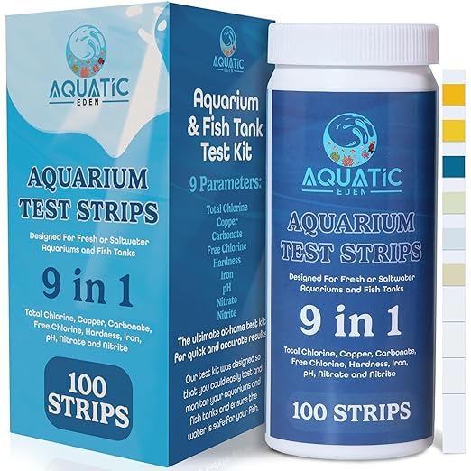 9-in-1 Aquarium Water Test Kit - 100 Freshwater & Saltwater Test Strips | Fish Tank Kit for pH, Nitrate, Nitrite, Hardness, Chlorine, Iron, Copper, Alkalinity, Carbonate | Quick & Reliable Results