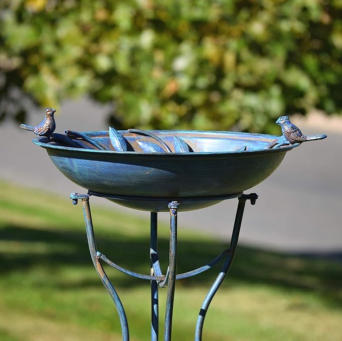 Zaer Ltd. Deep Well Made Metal Birdbath with 2 Cast Iron Birds and Leaf Decoration (Frosted Blue)
