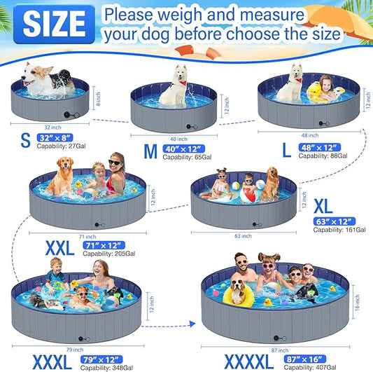 Dog Pool for Large Dogs, Kiddie Pool Hard Plastic, Dog Bathtub Portable, Foldable Pool for Dogs Slip-Resistant (Dark Gray, XXXXL-87'' X 16'')