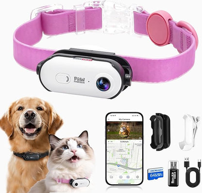 4K UHD Cat& Dog Pet Camera Collar, Video Recorder with Phone App Live View, Outdoor & Indoor POV Action Cam for Kitty and Big Cats(White - Pink Waterproof Collar - S, 64g)