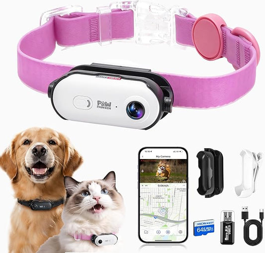 4K UHD Dog& Cat Pet Camera Collar, Video Recorder with Phone App Live View, Outdoor & Indoor POV Action Cam for Small and Medium-Size Dogs(White - Pink Waterproof Collar - M, 64g)