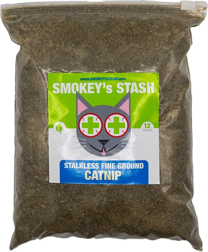 Smokey's Stash Catnip Stalkless Dried Ground Premium Bulk 12 Ounce Bag Strong Cat nip for Cats